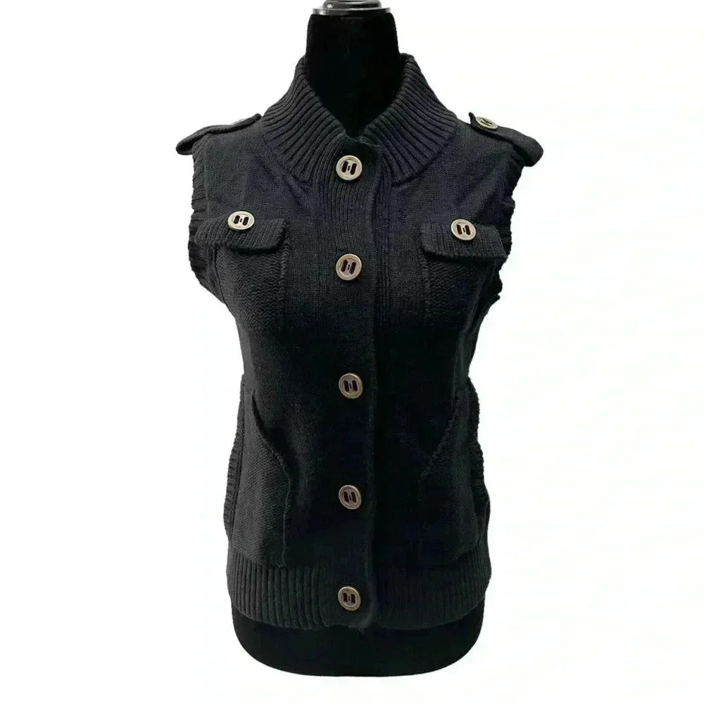 Pulse Sweater Vest Wool Cashmere Black Button Front Sleeveless Knit Size  Small